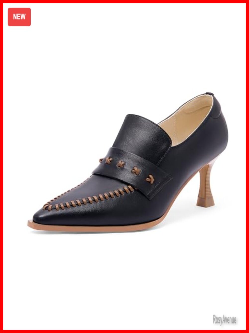 Womens Pumps Mid Kitten Heel Pointed Toe Faux Leather Loafers Hand-Stitched